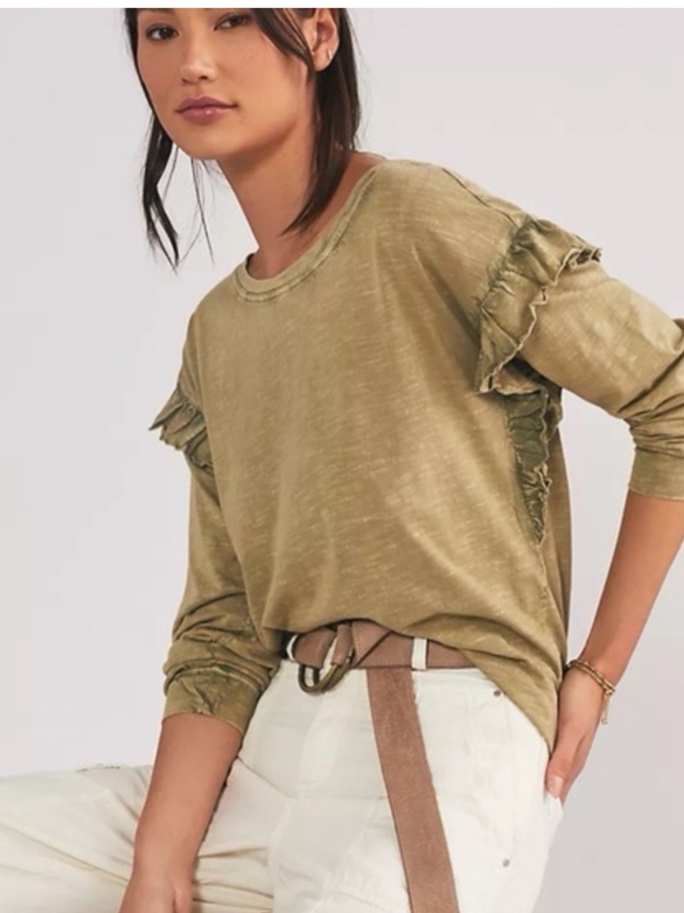 ANTHROPOLOGIE Pilcro Ruffled Open-Back Top Olive Green